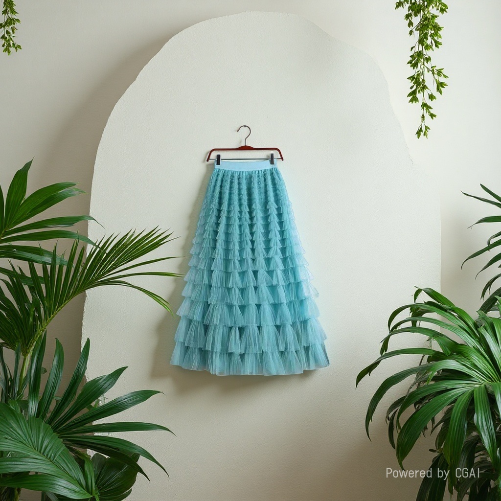 Mesh patchwork cake dress 2025 Spring/Summer Autumn/Winter new mid-length skirt, A-line long skirt, puffy gauze skirt, blue Specification image