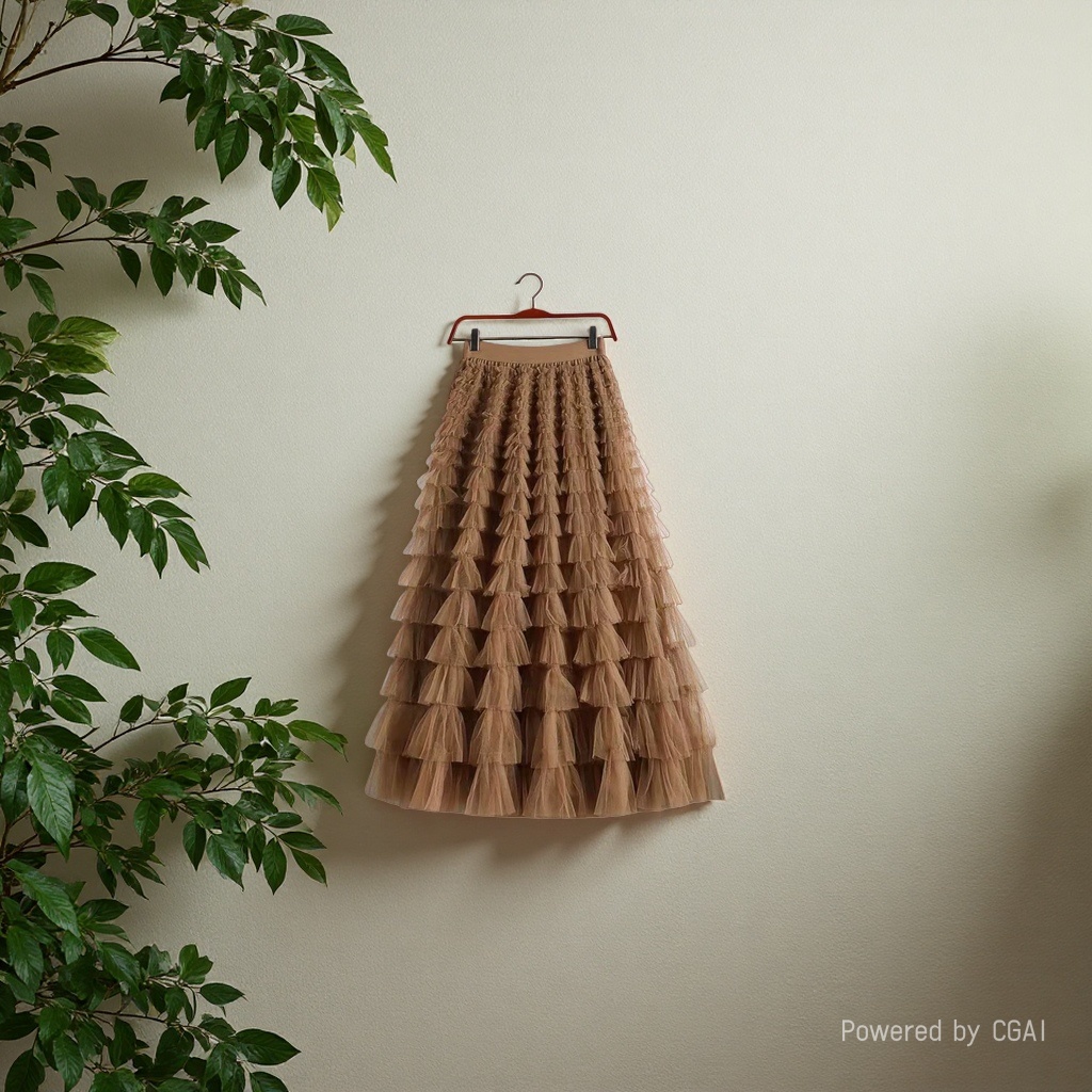 Mesh patchwork cake dress 2025 Spring/Summer Autumn/Winter new mid-length skirt, A-line long skirt, puffy gauze skirt, coffee color Specification image