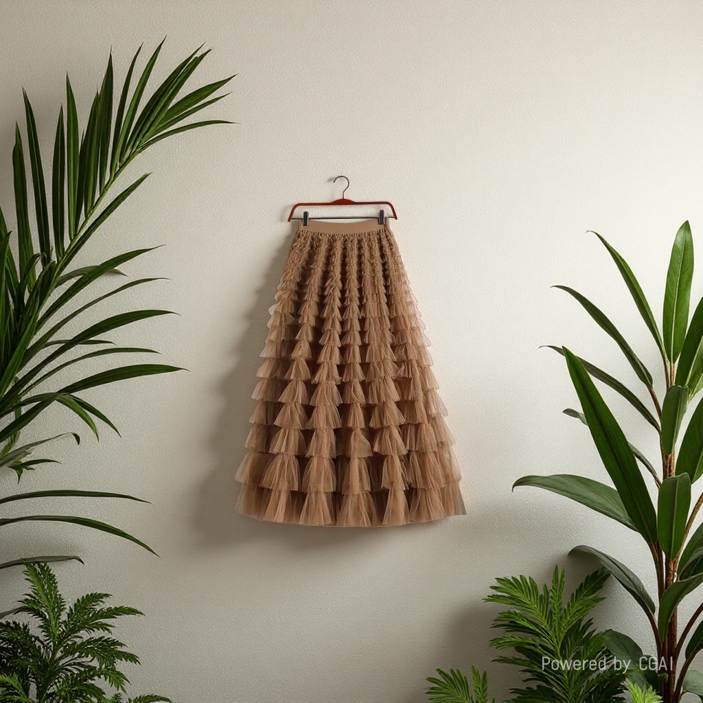 Mesh patchwork cake dress 2025 Spring/Summer Autumn/Winter new mid-length skirt, A-line long skirt, puffy gauze skirt, coffee color details Picture