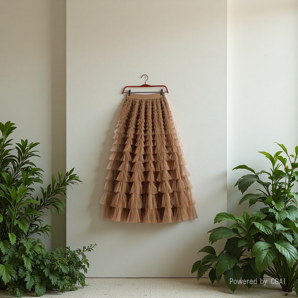 Mesh patchwork cake dress 2025 Spring/Summer Autumn/Winter new mid-length skirt, A-line long skirt, puffy gauze skirt, coffee color Application Scenario