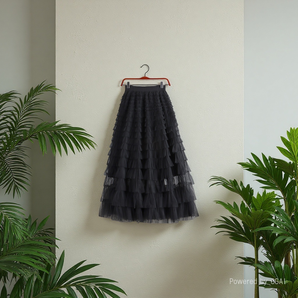 Mesh patchwork cake dress 2025 Spring/Summer Autumn/Winter new mid-length skirt, A-line long skirt, puffy gauze skirt, black Specification image