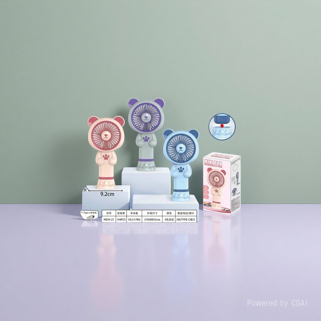 Hot-selling pink, gray and blue bear-shaped mini handheld fans, neck-hanging small electric fans, portable for students outdoors details Picture