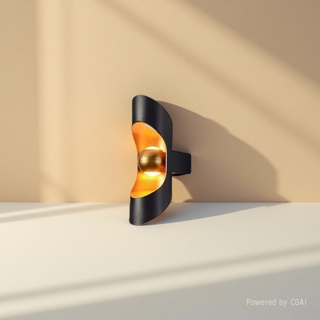 The black arc-shaped ironwork wall lamp is equipped with a golden reflector and spherical bulbs for indoor beauty lighting Application Scenario