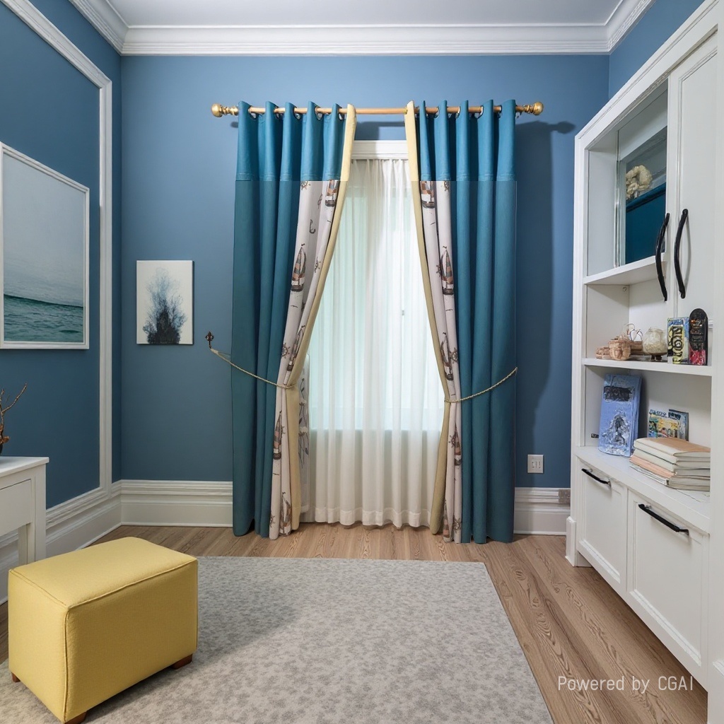 Blue and white navigation-themed semi-transparent linen finished curtains, bath curtain sets, and automatic curtains details Picture