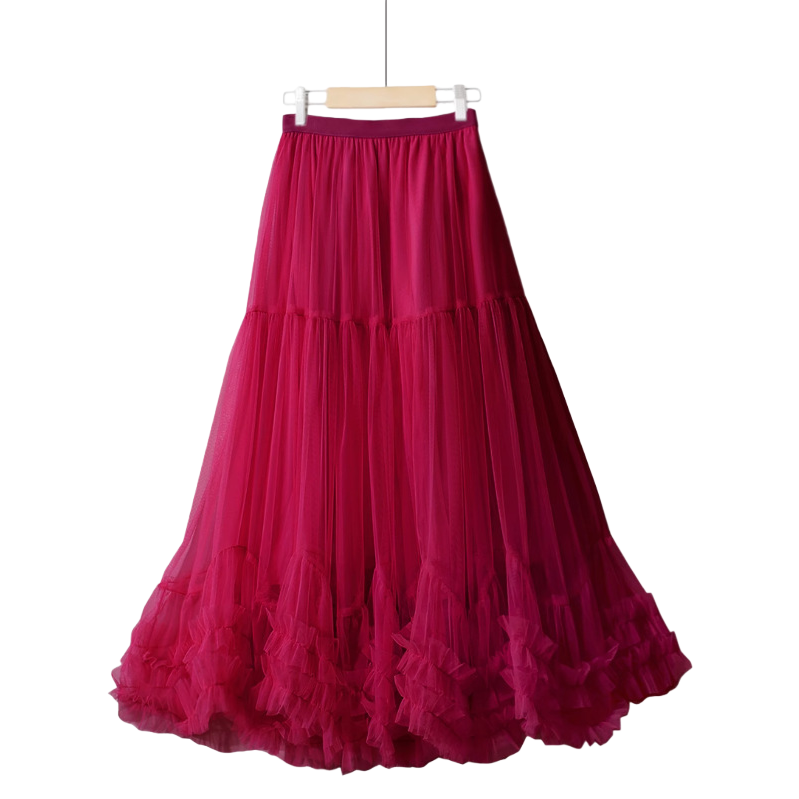 a bright red oversized hem design, fashionable mesh skirt, sweet black fungus lace A-line big hem puffy skirt Item Picture