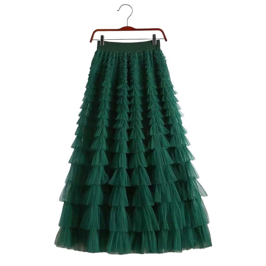 Mesh patchwork cake dress 2025 Spring/Summer Autumn/Winter new mid-length skirt, A-line long skirt, puffy gauze skirt, green Item Picture