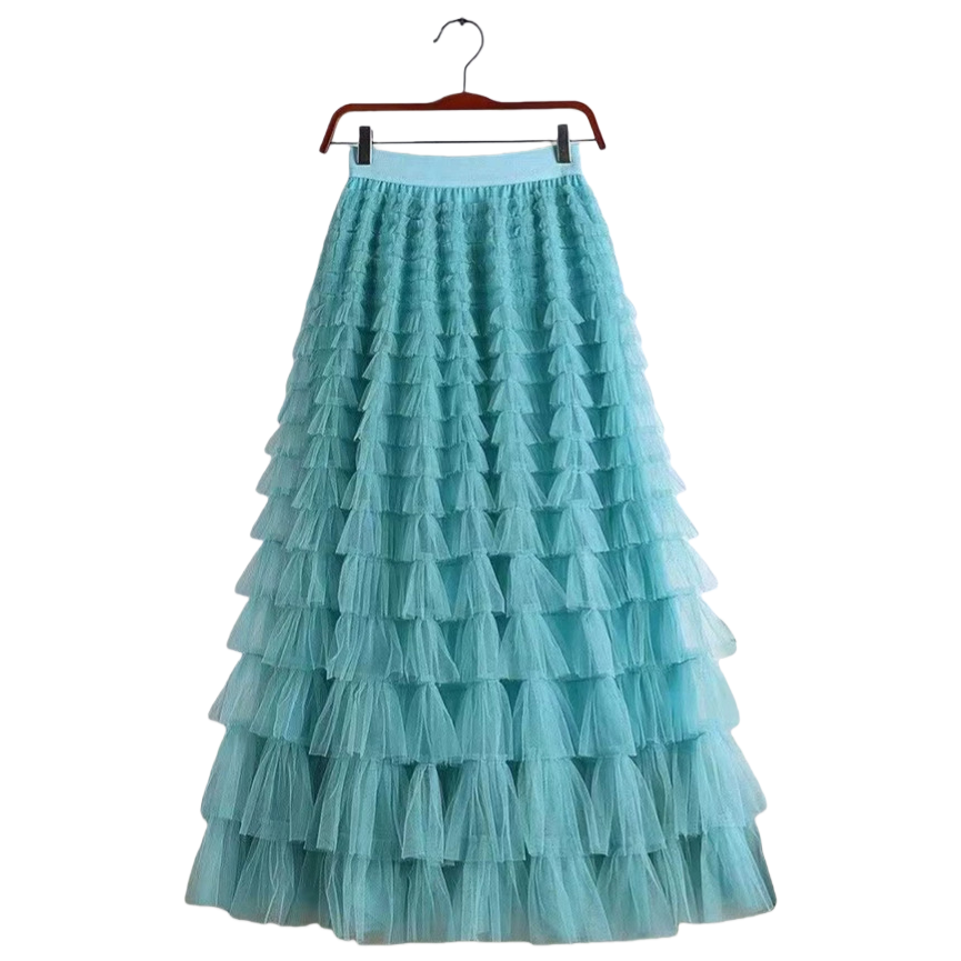 Mesh patchwork cake dress 2025 Spring/Summer Autumn/Winter new mid-length skirt, A-line long skirt, puffy gauze skirt, blue Item Picture
