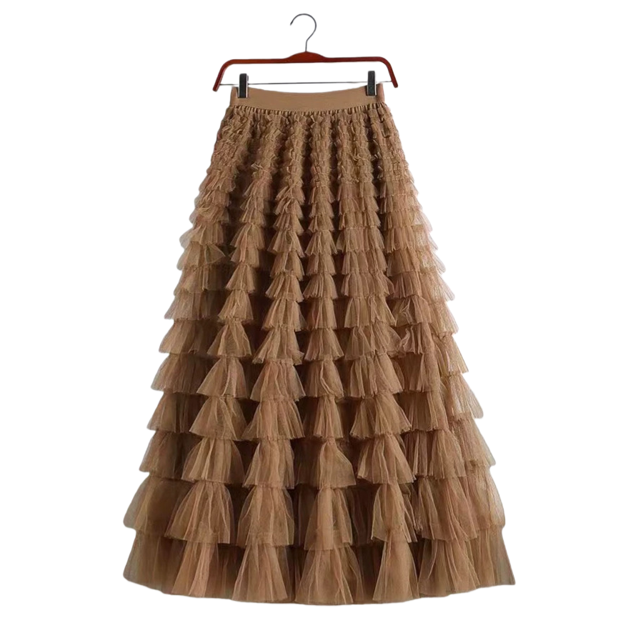 Mesh patchwork cake dress 2025 Spring/Summer Autumn/Winter new mid-length skirt, A-line long skirt, puffy gauze skirt, coffee color Item Picture