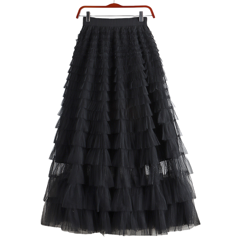 Mesh patchwork cake dress 2025 Spring/Summer Autumn/Winter new mid-length skirt, A-line long skirt, puffy gauze skirt, black Item Picture