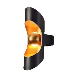 The black arc-shaped ironwork wall lamp is equipped with a golden reflector and spherical bulbs for indoor beauty lighting Item Picture