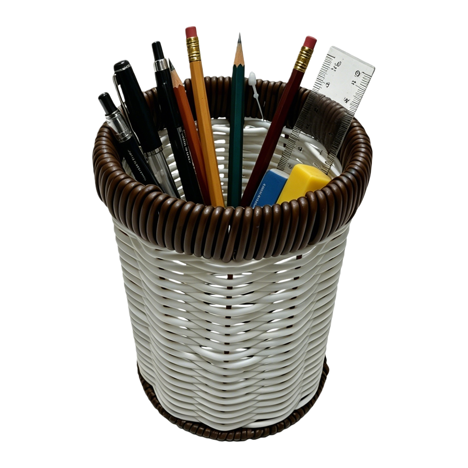 White rubber vine woven pen holder, straight insertion design, pencil ruler, eraser, transparent solid wood stem, oil-based pen, durable pen holder, round stationery pen holder, washbasin storage basket pic 5