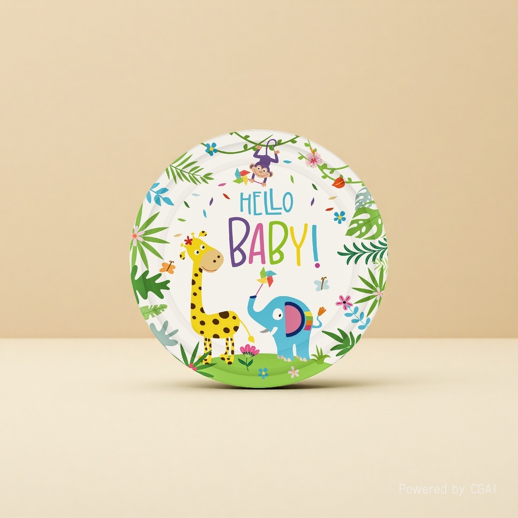 彩色丛林主题婴儿派对纸盘 圣诞用 长颈鹿大象猴子HELLO BABY一次性蛋糕盘批发