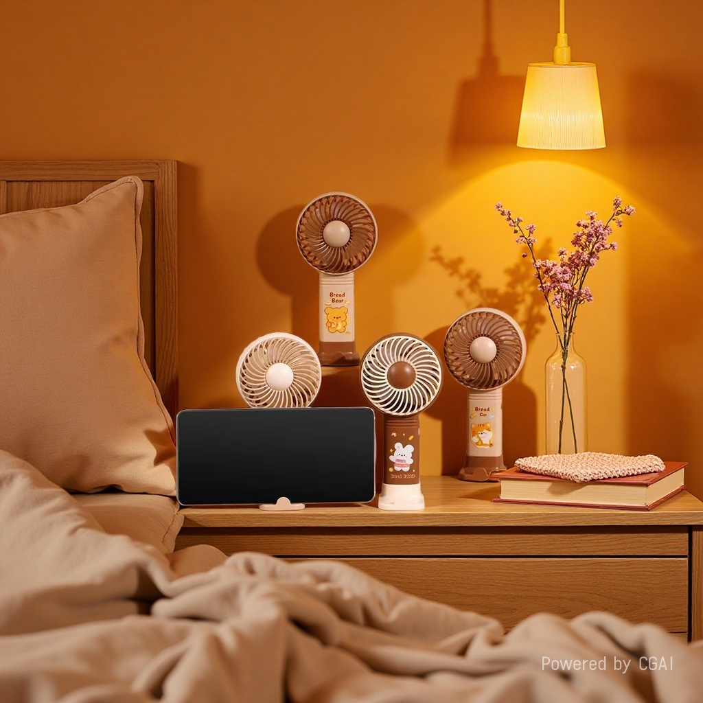 Mini USB handheld fans with multiple cartoon designs, rechargeable portable electric fans with phone stands Specification image