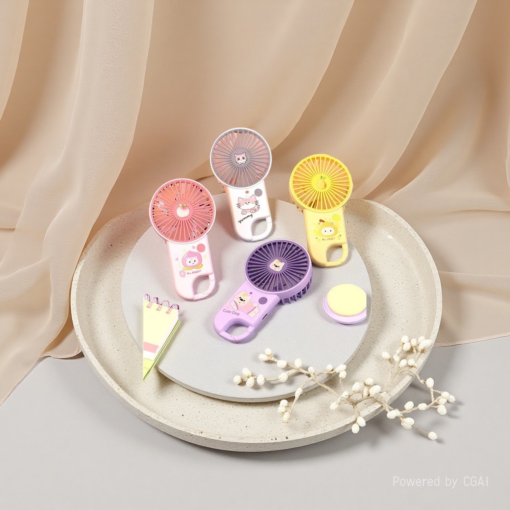 Colorful cartoon mini handheld charging fan with cat, peach, dog and pear patterns, three-speed wind power USB charging