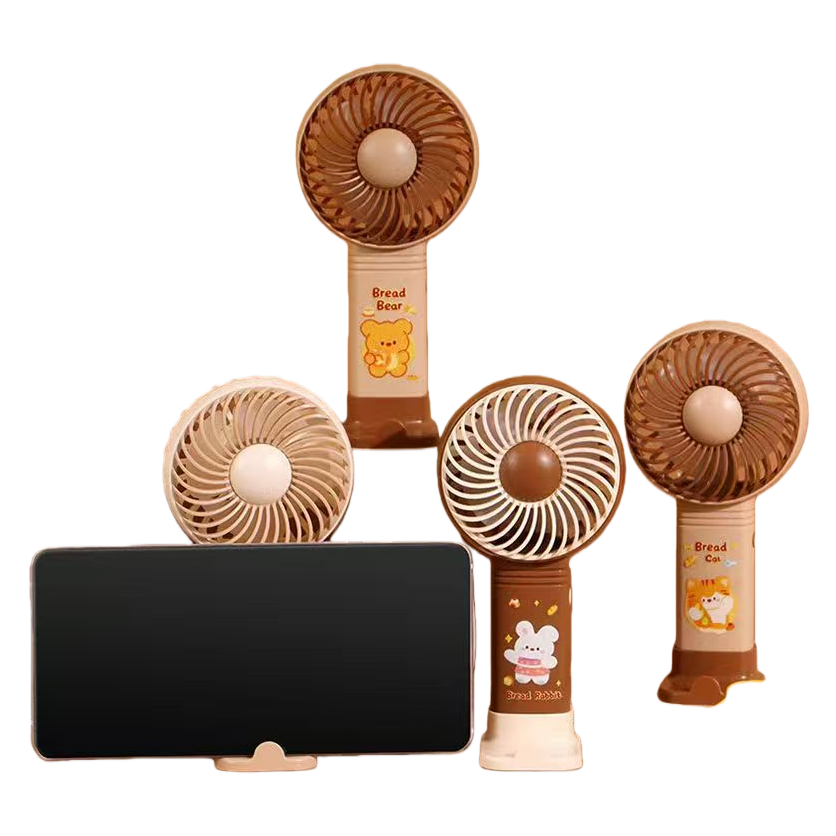 Mini USB handheld fans with multiple cartoon designs, rechargeable portable electric fans with phone stands Item Picture