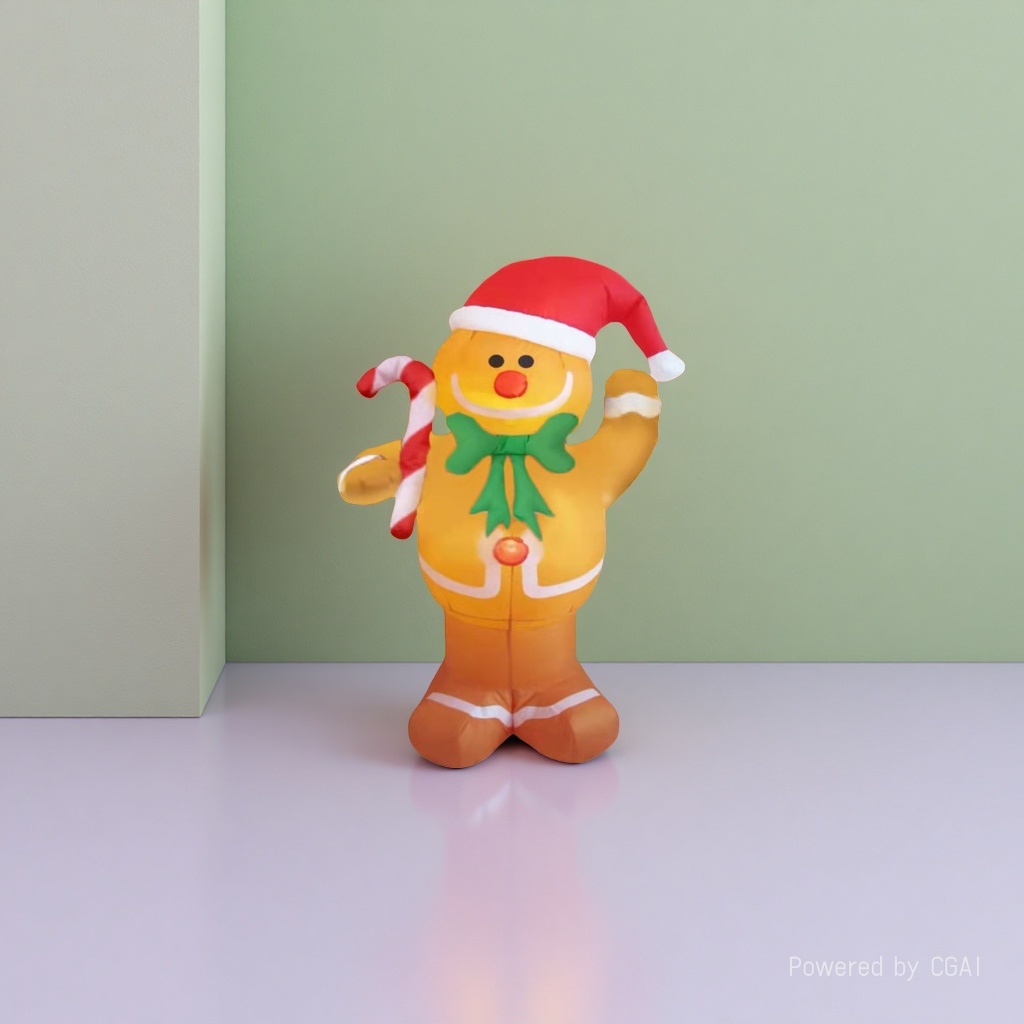 Yellow gingerbread man Christmas decorations, wearing a red and white hat with a green bow, holding a cane candy Christmas tree pendant Item Picture