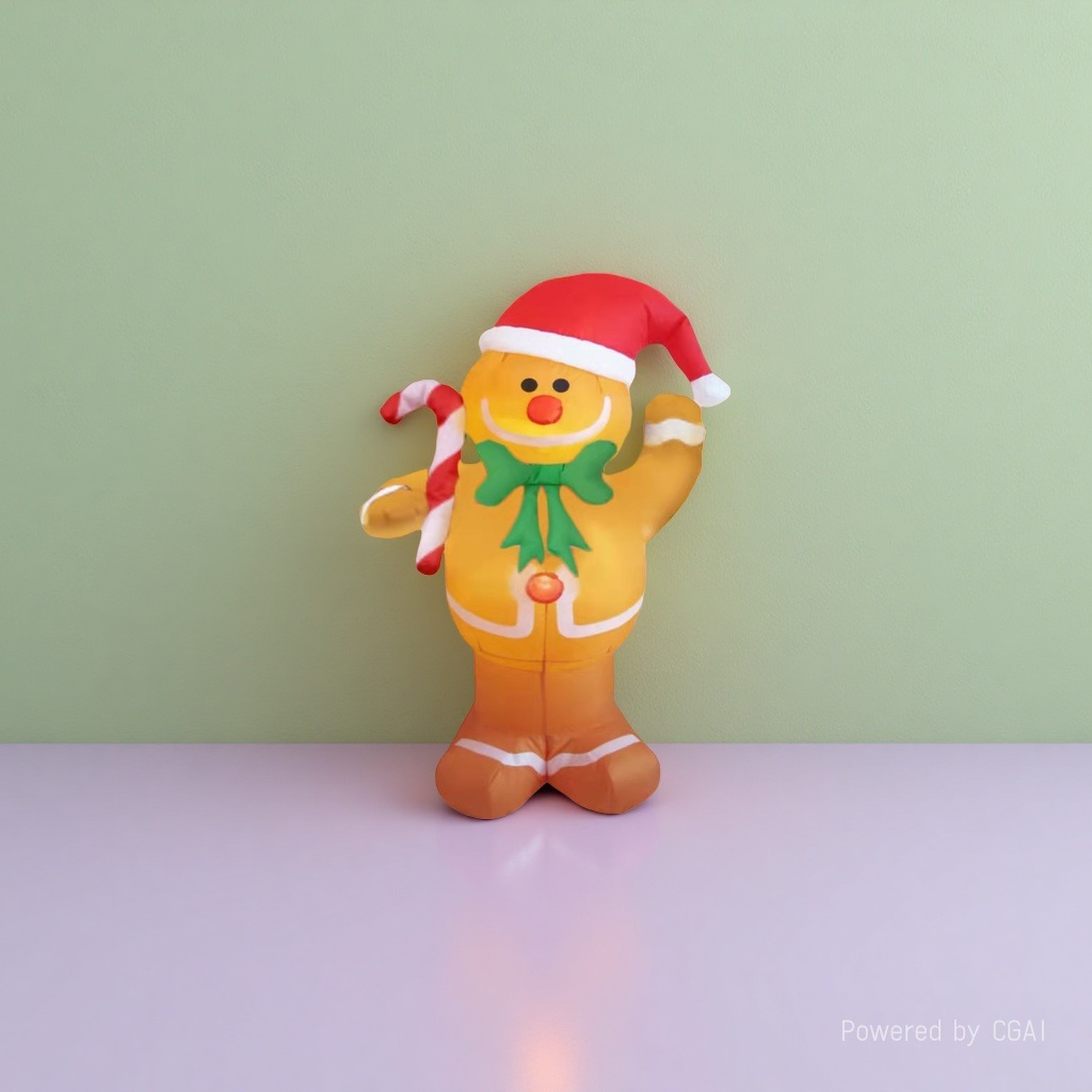 Yellow gingerbread man Christmas decorations, wearing a red and white hat with a green bow, holding a cane candy Christmas tree pendant details Picture