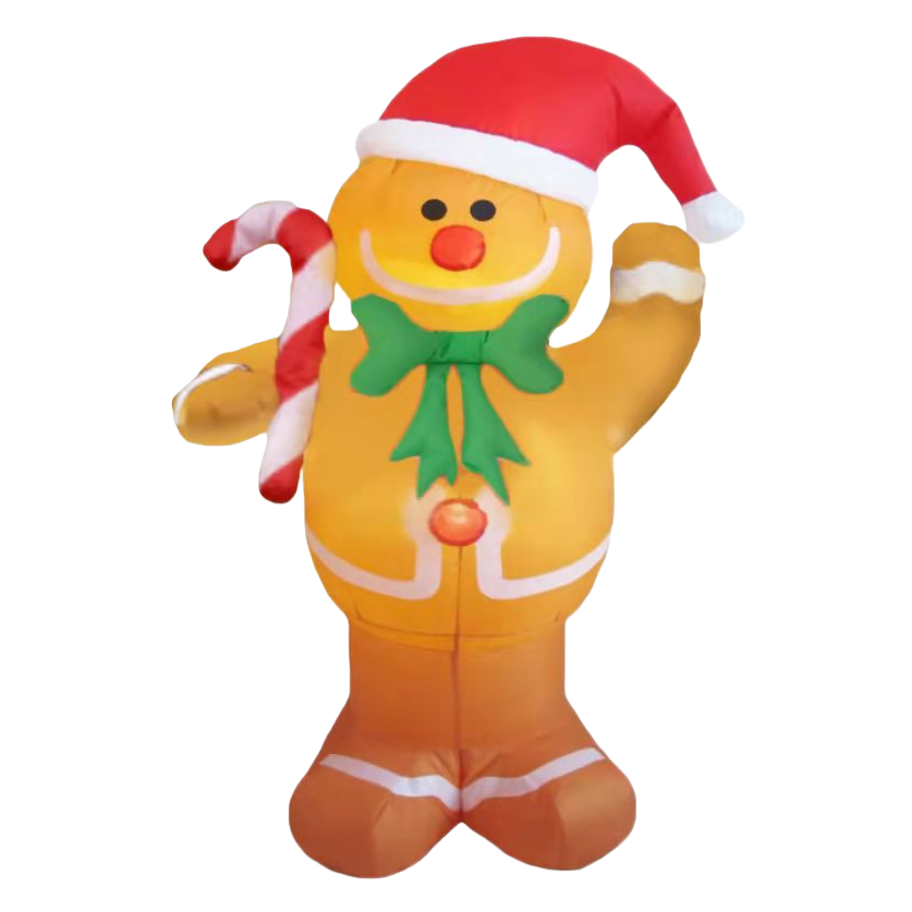 Yellow gingerbread man Christmas decorations, wearing a red and white hat with a green bow, holding a cane candy Christmas tree pendant