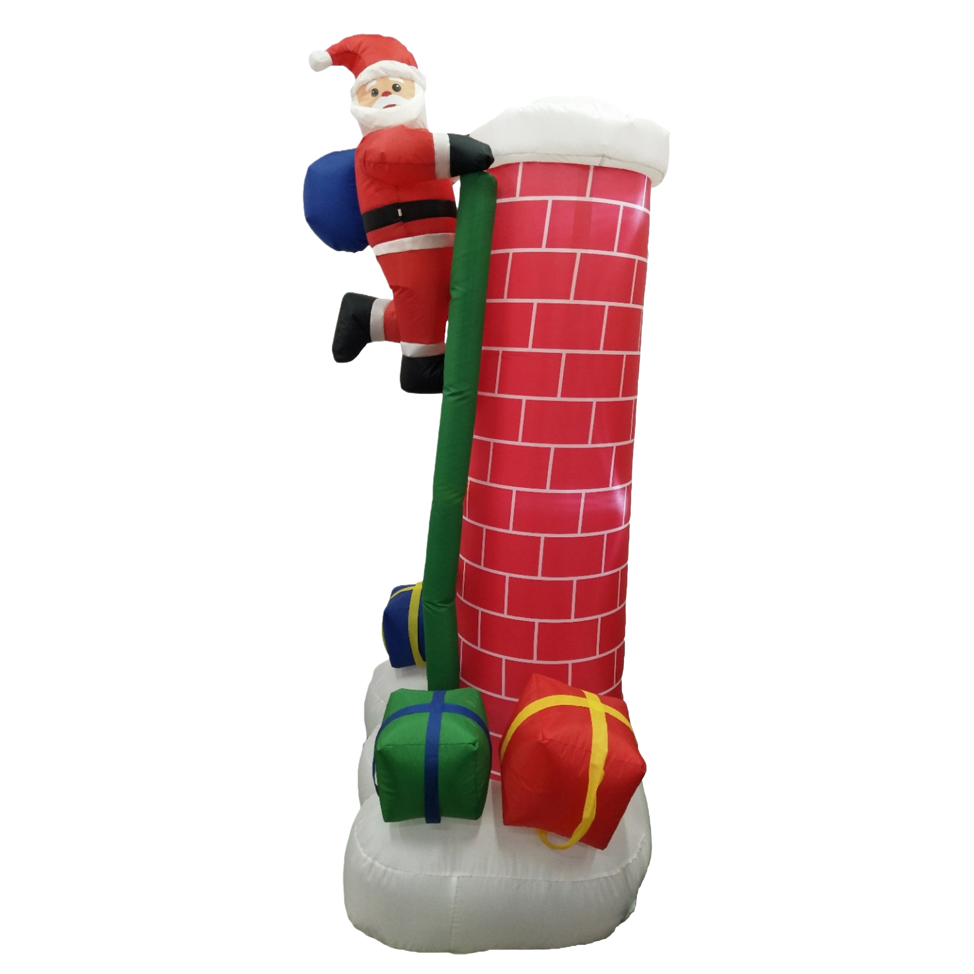Red brick walls, chimneys, Santa Claus climbing decorations, inflatable Christmas ornaments with a dowry box, green pipes, Christmas trees, bows, and flower balls