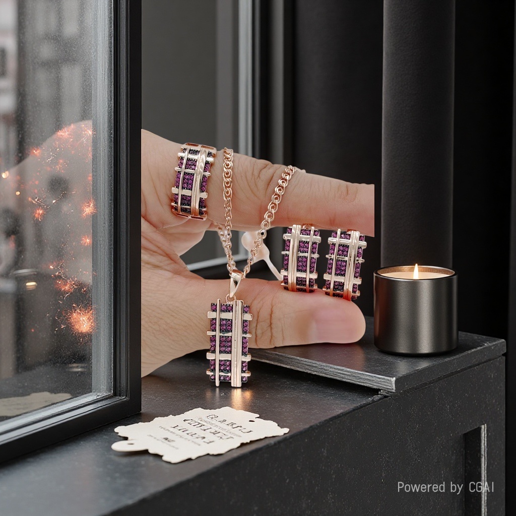 Rose gold jewelry set with purple-black diamonds, sea water beads, ring, necklace, earrings, stainless steel accessories