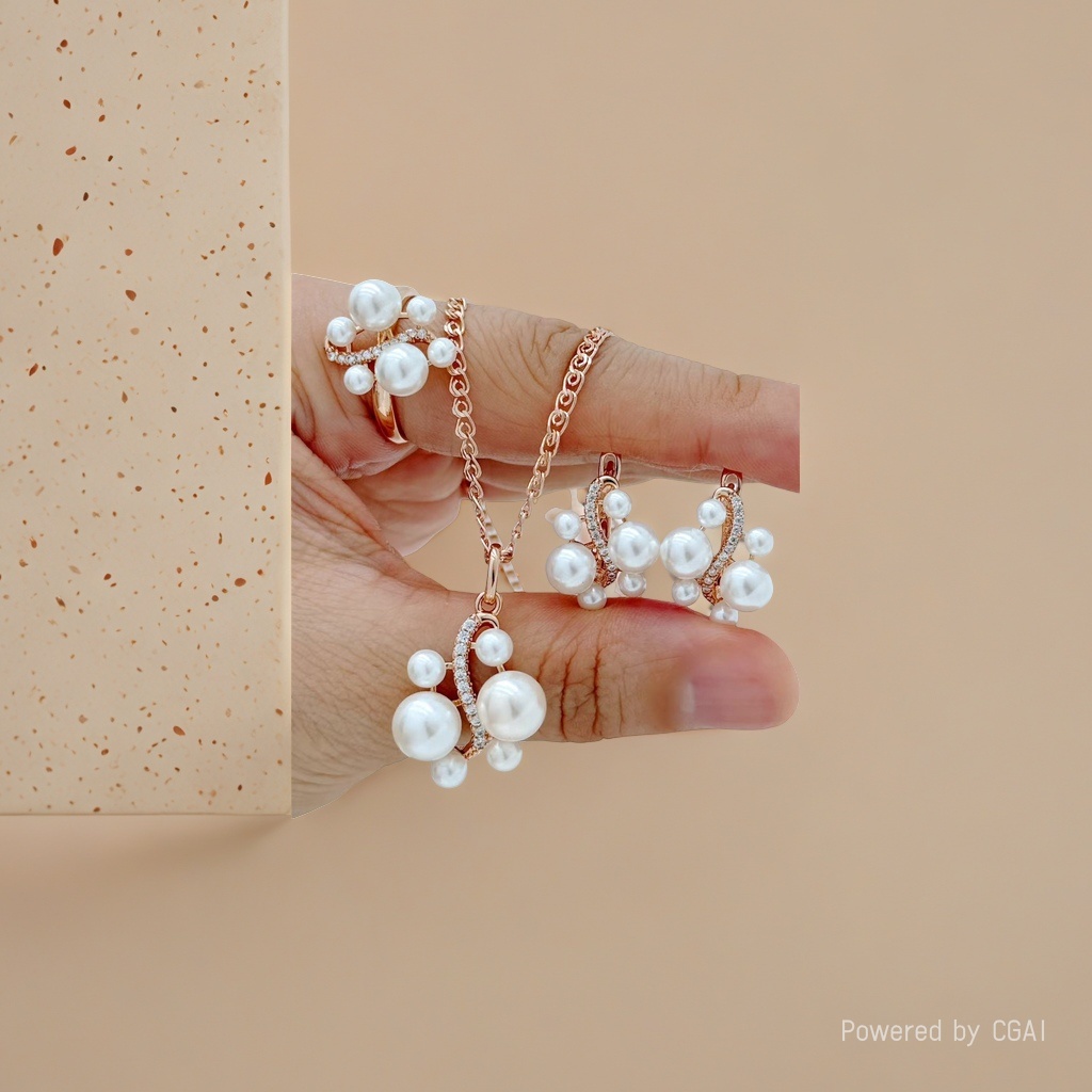 Rose gold pearl and diamond jewelry set, stainless steel seawater pearl jewelry