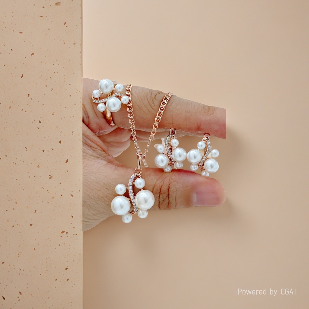 Oro rosa perla diamantes conjunto de joyas material de acero inoxidable agua de mar perlas adornos details Picture