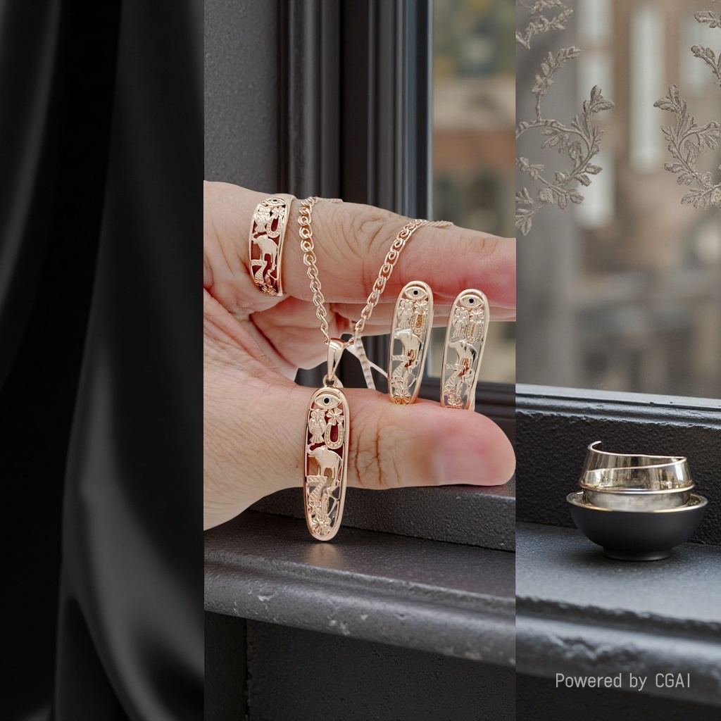 Golden hollowed-out pendant necklace stud ring set Application Scenario