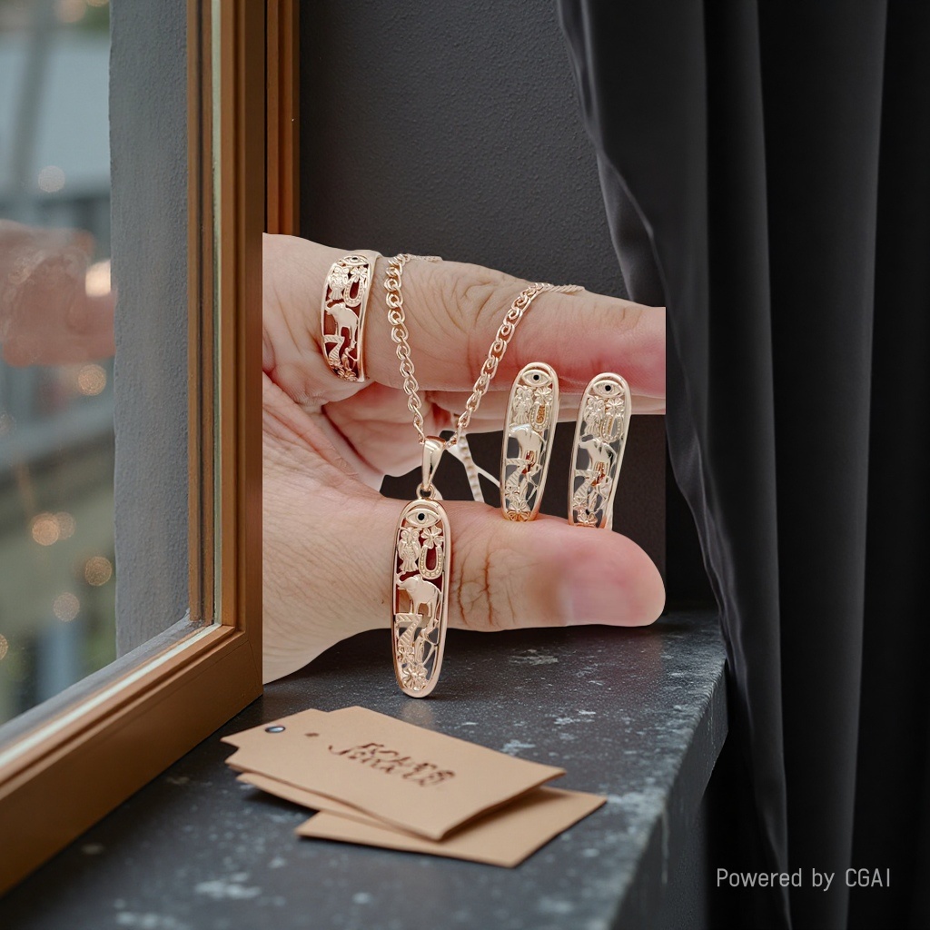 Golden hollowed-out pendant necklace stud ring set details Picture