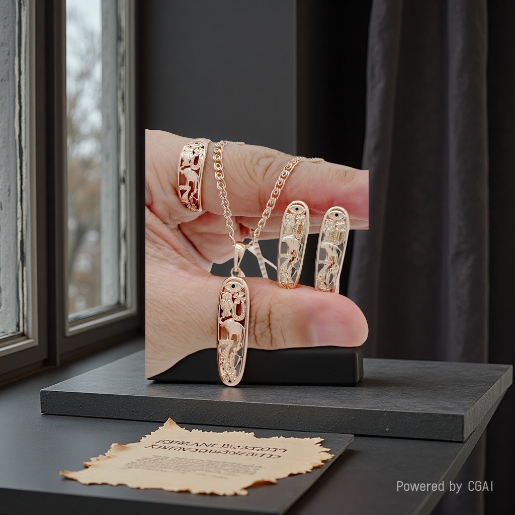 Golden hollowed-out pendant necklace stud ring set Specification image