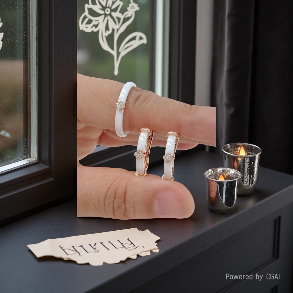 White ceramic rose gold four-leaf flower diamond-encrusted ring and earring set details Picture