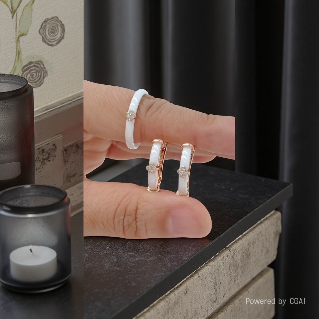 White ceramic rose gold four-leaf flower diamond-encrusted ring and earring set Specification image