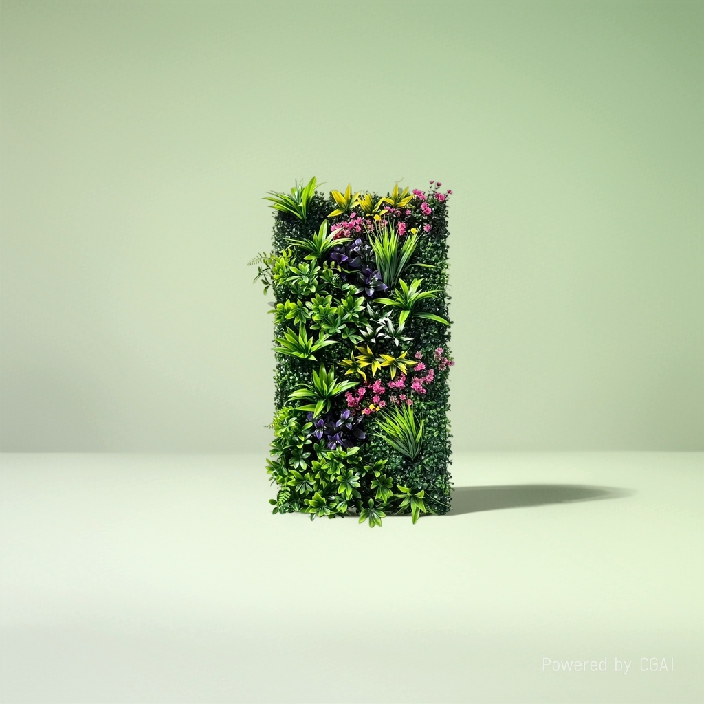 The green artificial plant wall contains yellow, purple and pink flowers as well as various types of green leafy plants to simulate the micro-landscape of the horsehead tree