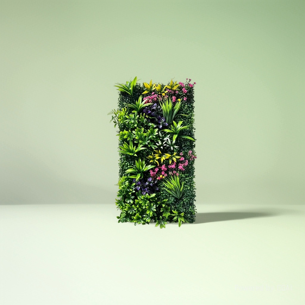 The green artificial plant wall contains yellow, purple and pink flowers as well as various types of green leafy plants to simulate the micro-landscape of the horsehead tree Application Scenario