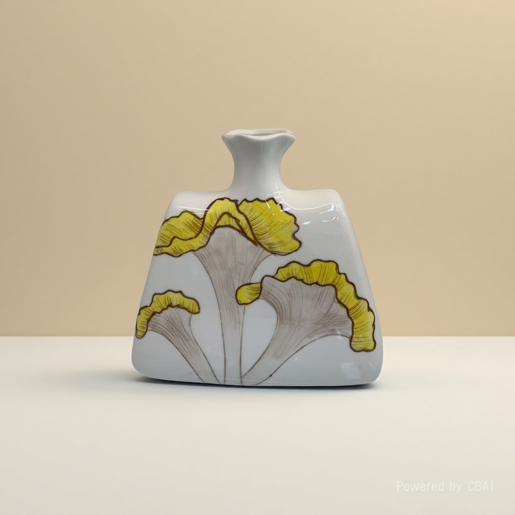 White ceramic creative vase with ginkgo leaf pattern, large tea vase, yellow and grayish-brown glaze