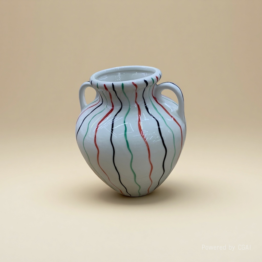 White double-ear ceramic sealed jar with red, black and green wavy patterns, ceramic glass set