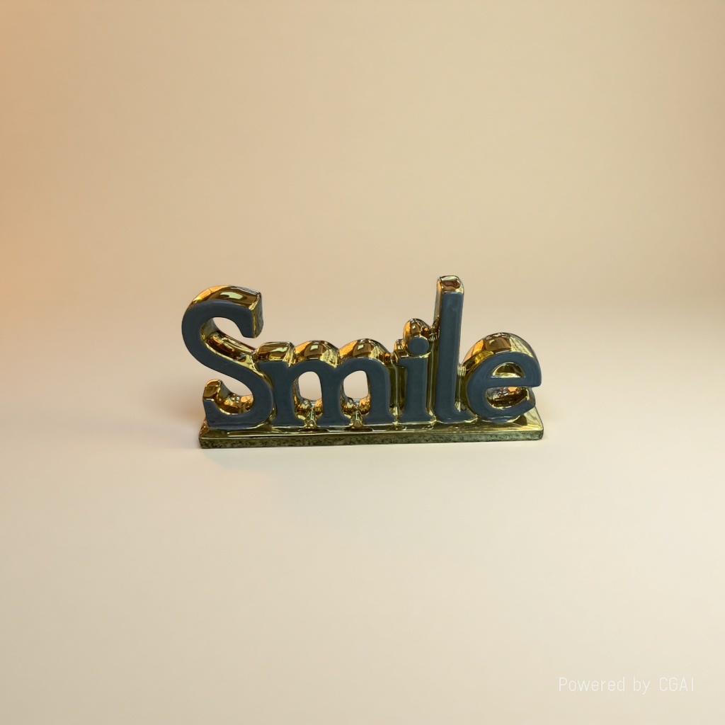 A golden three-dimensional "Smile" lettering decorative item is a creative home living room desktop arrangement