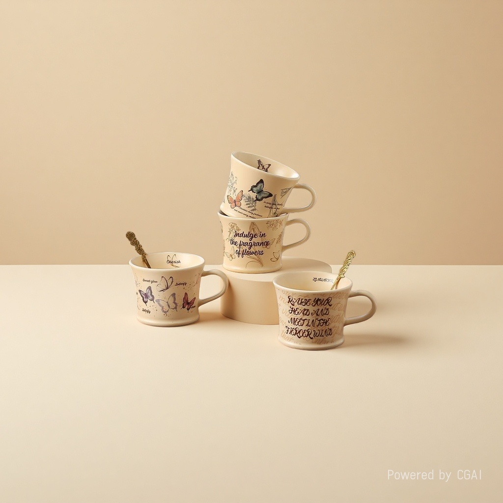 Retro coffee cups, butterfly exquisite spoons, home mugs, ceramic cups, cute couple cups, water cups, cream style Specification image