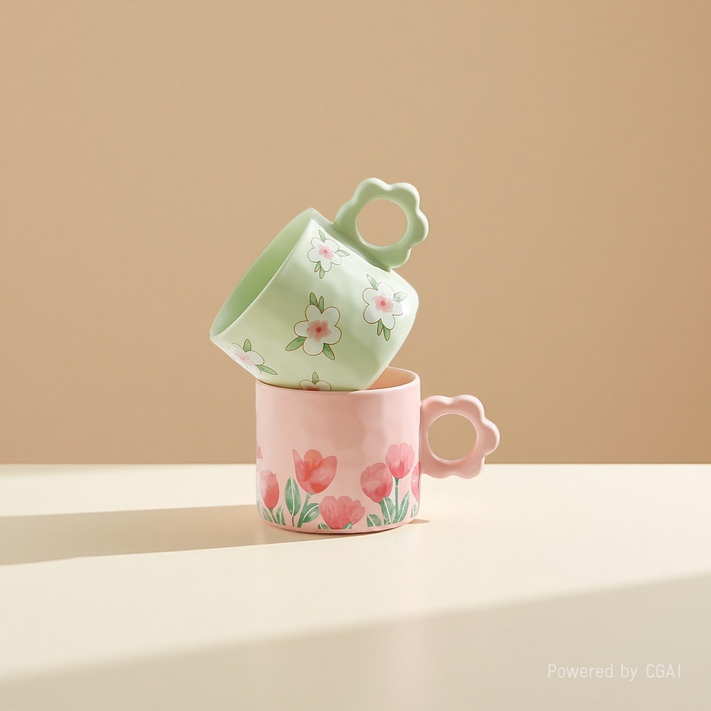 Cute flower-shaped ceramic water cups, ins style creative, high appearance level mugs, couple coffee cups, office breakfast cups