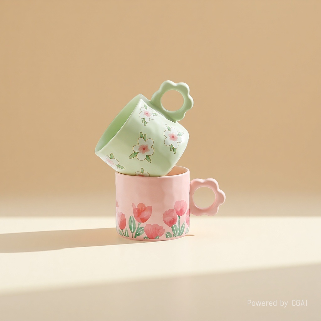 Cute flower-shaped ceramic water cups, ins style creative, high appearance level mugs, couple coffee cups, office breakfast cups details Picture