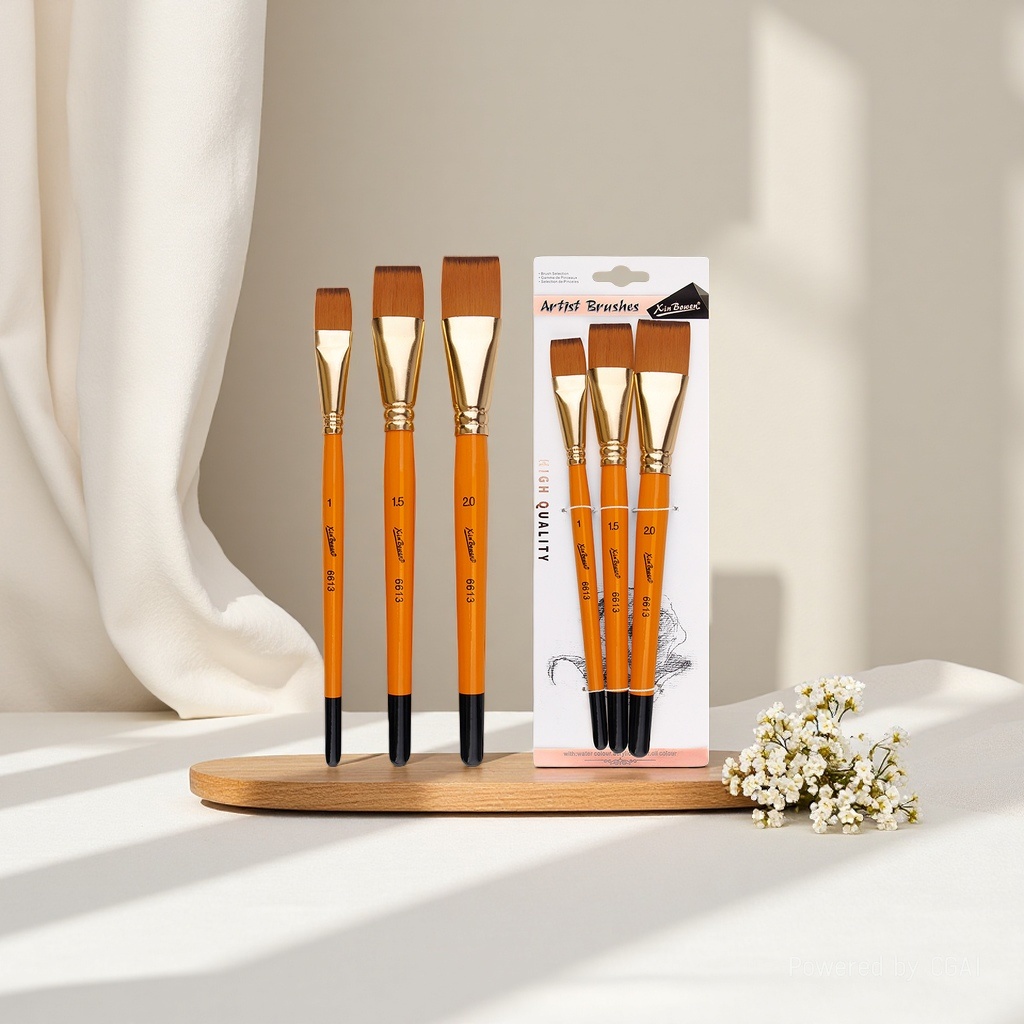 Cross-border oil painting brush set of 3 short rods, nylon bristle art painting watercolor board brush, student acrylic painting brush, orange rod