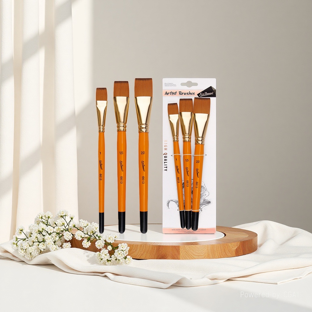 Cross-border oil painting brush set of 3 short rods, nylon bristle art painting watercolor board brush, student acrylic painting brush, orange rod Specification image