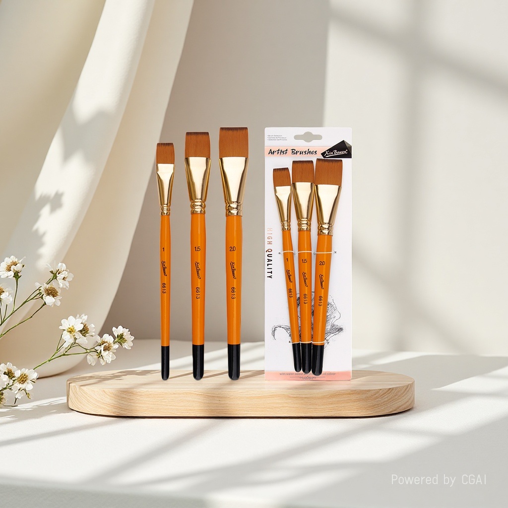 Cross-border oil painting brush set of 3 short rods, nylon bristle art painting watercolor board brush, student acrylic painting brush, orange rod details Picture
