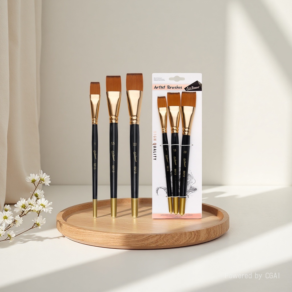 Cross-border oil painting brush set of 3 short rods, nylon bristle art painting watercolor board brush, student acrylic painting brush, black rod details Picture