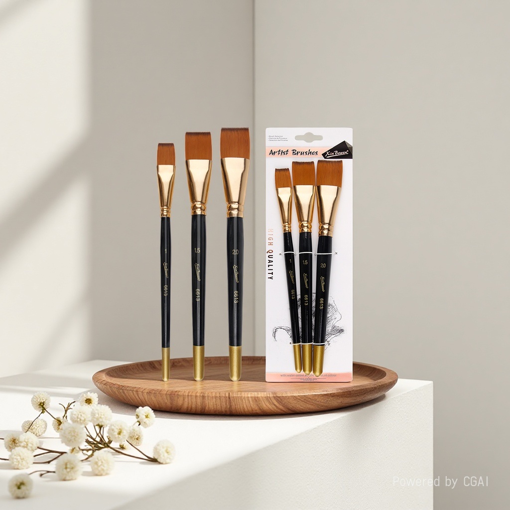 Cross-border oil painting brush set of 3 short rods, nylon bristle art painting watercolor board brush, student acrylic painting brush, black rod Specification image