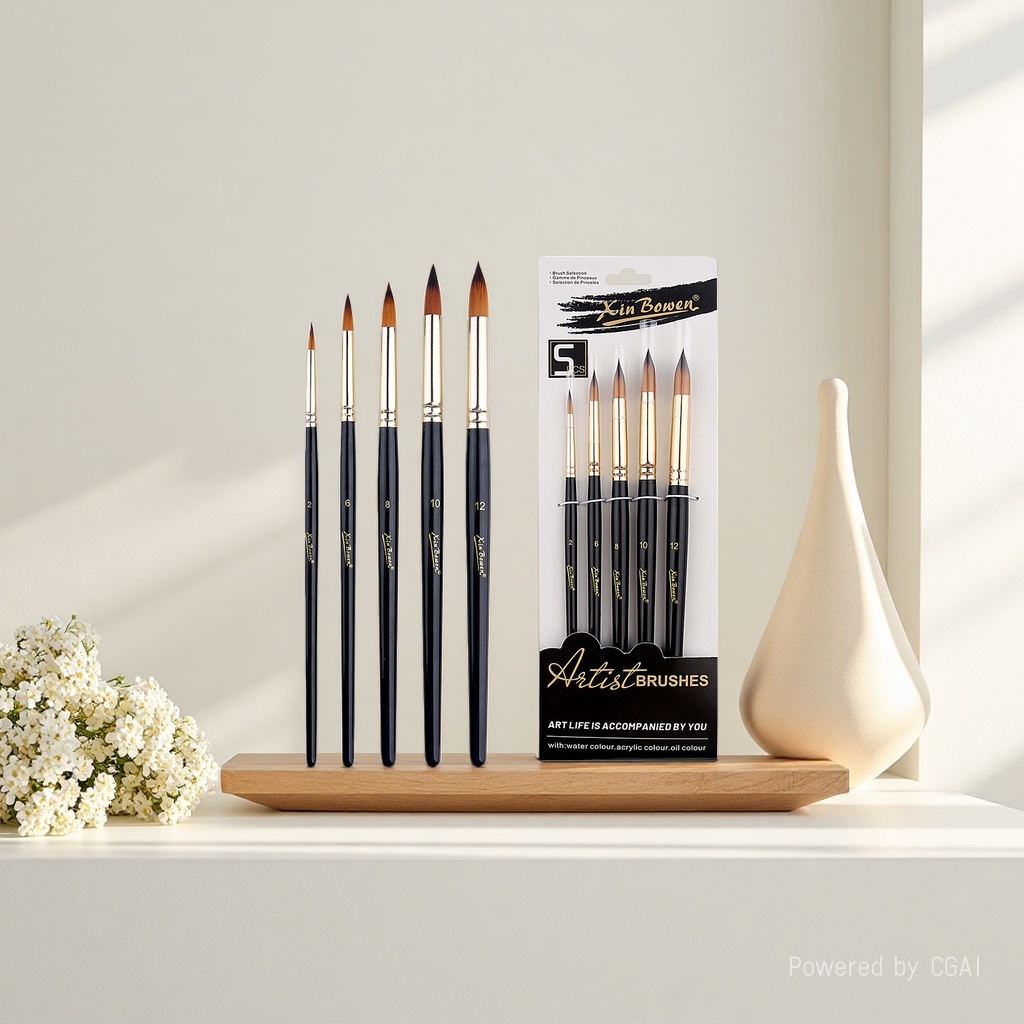 Cross-border nylon bristle 5-piece brush set, high-end black rod art supplies, student painting diy brushes, paints, pens, round peaks details Picture