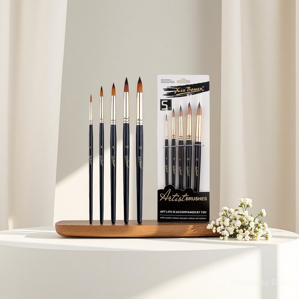 Cross-border nylon bristle 5-piece brush set, high-end black rod art supplies, student painting diy brushes, paints, pens, round peaks