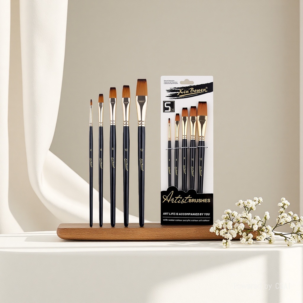Cross-border nylon bristle 5-piece brush set, high-end black rod art supplies, student painting diy brushes, paints, pens, flat peak