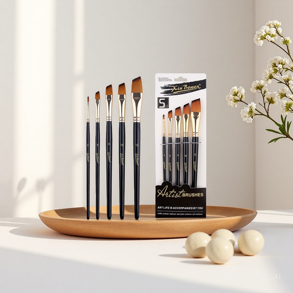 Cross-border nylon bristle 5-piece brush set, high-end black rod art supplies, student painting diy brushes, paints, pens, oblique peaks Application Scenario