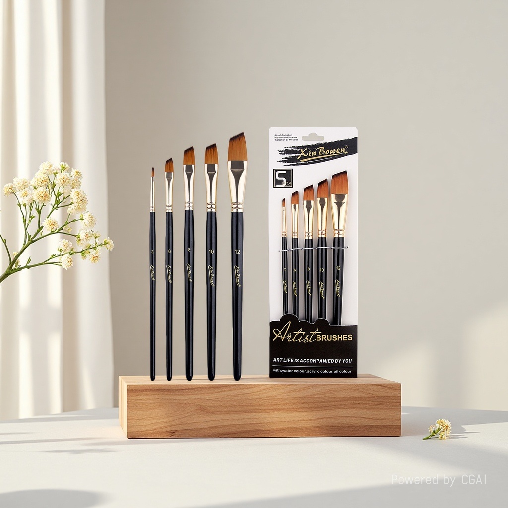Cross-border nylon bristle 5-piece brush set, high-end black rod art supplies, student painting diy brushes, paints, pens, oblique peaks Specification image