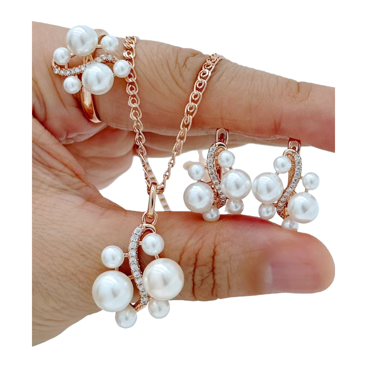 Oro rosa perla diamantes conjunto de joyas material de acero inoxidable agua de mar perlas adornos Item Picture